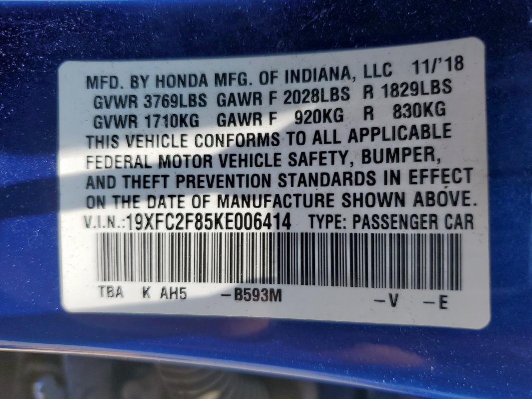 2019 HONDA CIVIC SPORT 19XFC2F85KE006414