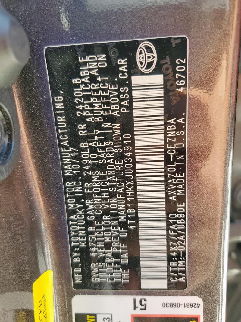 2018 TOYOTA CAMRY L - 4T1B11HKXJU034910