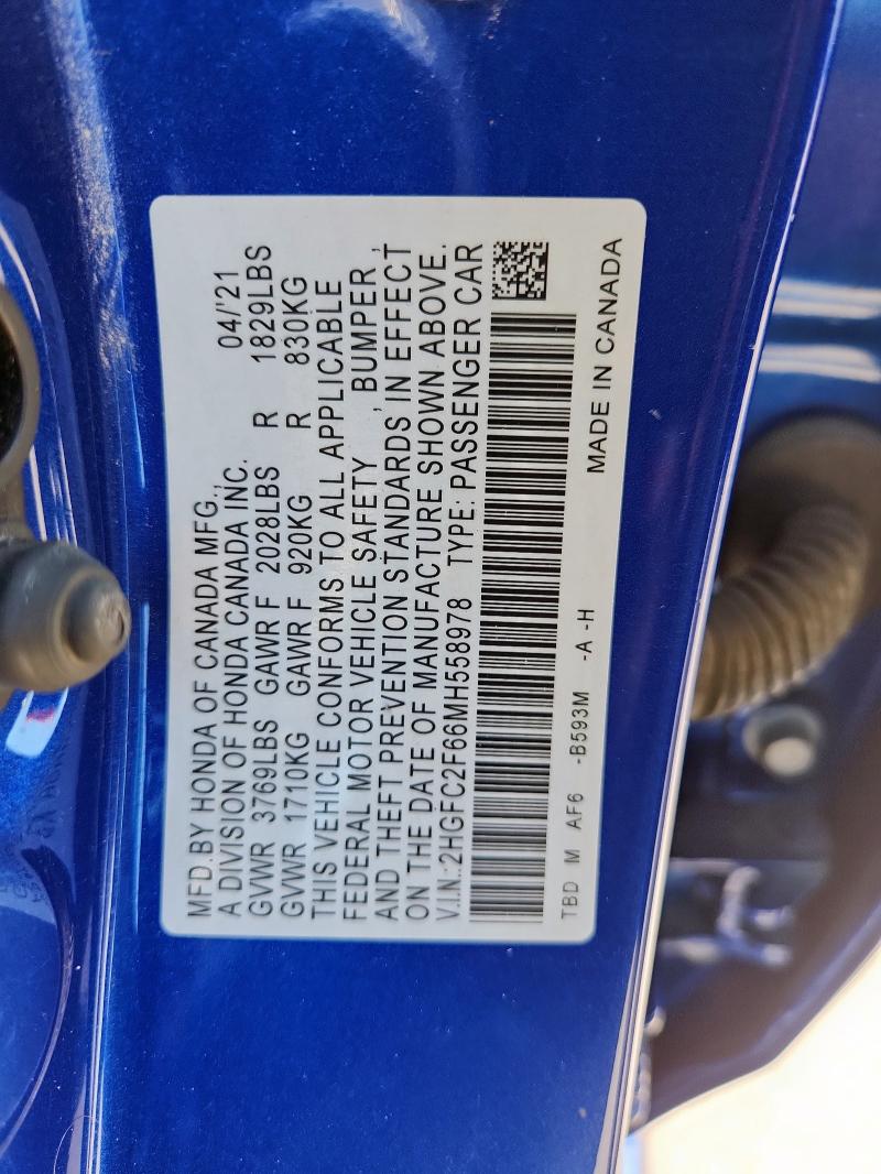 2021 HONDA CIVIC LX 2HGFC2F66MH558978
