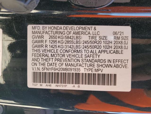 2021 HONDA PILOT SE 5FNYF6H20MB091935