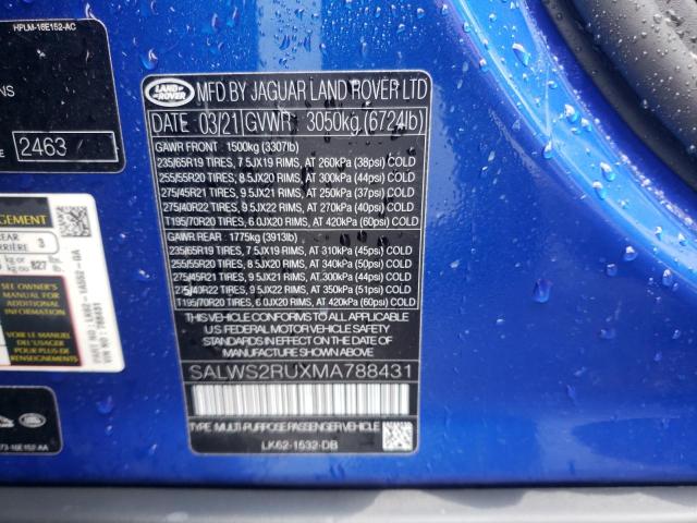 2021 LAND ROVER RANGE ROVE SALWS2RUXMA788431