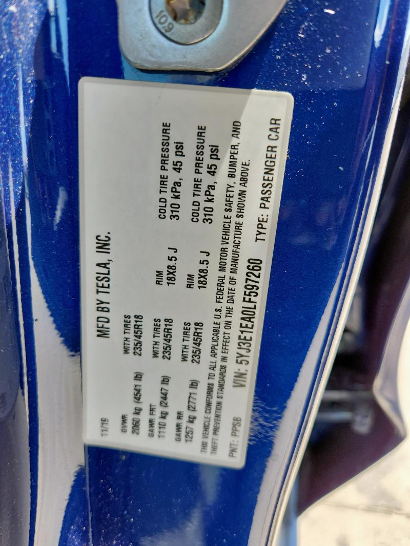 2020 TESLA MODEL 3 - 5YJ3E1EA0LF597260