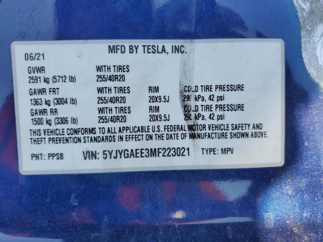 2021 TESLA MODEL Y - 5YJYGAEE3MF223021