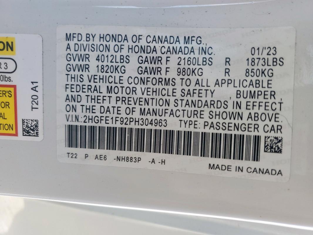 2023 HONDA CIVIC TOUR 2HGFE1F92PH304963