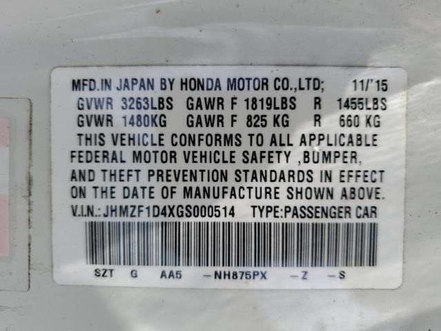 2016 HONDA CR-Z JHMZF1D4XGS000514