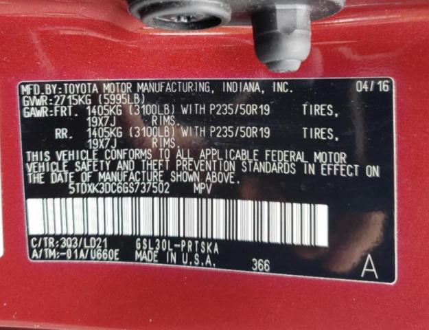 2016 TOYOTA SIENNA SE 5TDXK3DC6GS737502