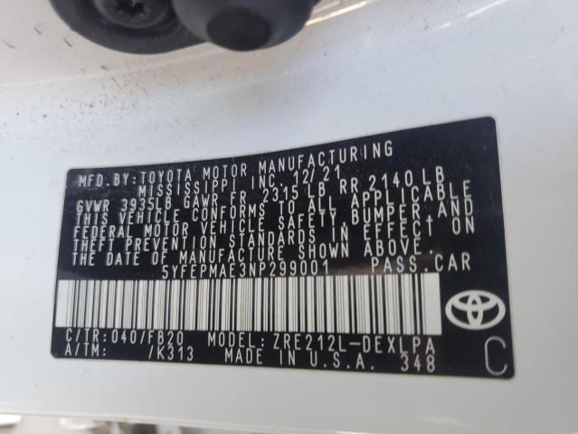 2022 TOYOTA COROLLA LE 5YFEPMAE3NP299001