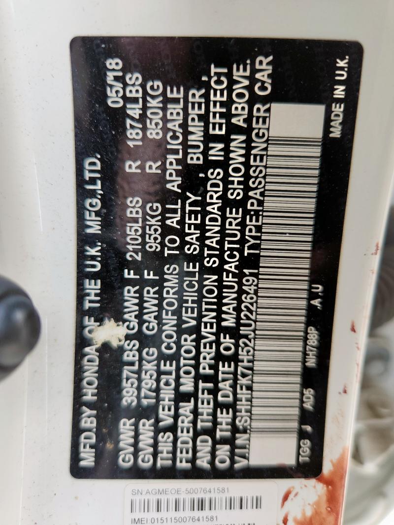 2018 HONDA CIVIC EX SHHFK7H52JU226491
