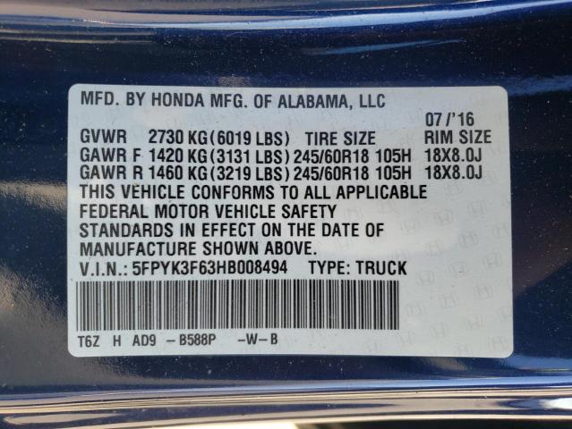 2017 HONDA RIDGELINE 5FPYK3F63HB008494