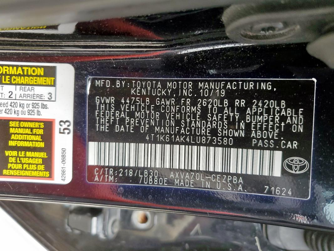 2020 TOYOTA CAMRY XSE - 4T1K61AK4LU873580