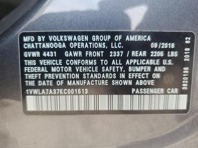 2019 VOLKSWAGEN PASSAT WOL 1VWLA7A37KC001513