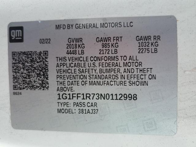 2022 CHEVROLET CAMARO LT1 1G1FF1R73N0112998