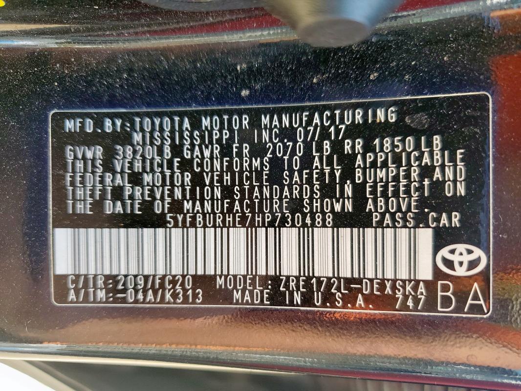 2017 TOYOTA COROLLA L - 5YFBURHE7HP730488