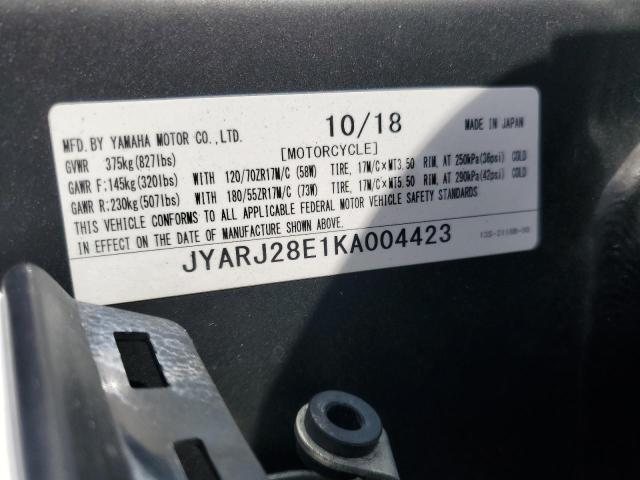 2019 YAMAHA YZFR6 JYARJ28E1KA004423