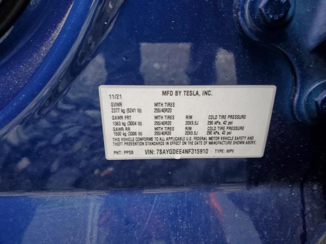 2022 TESLA MODEL Y 7SAYGDEE4NF315910