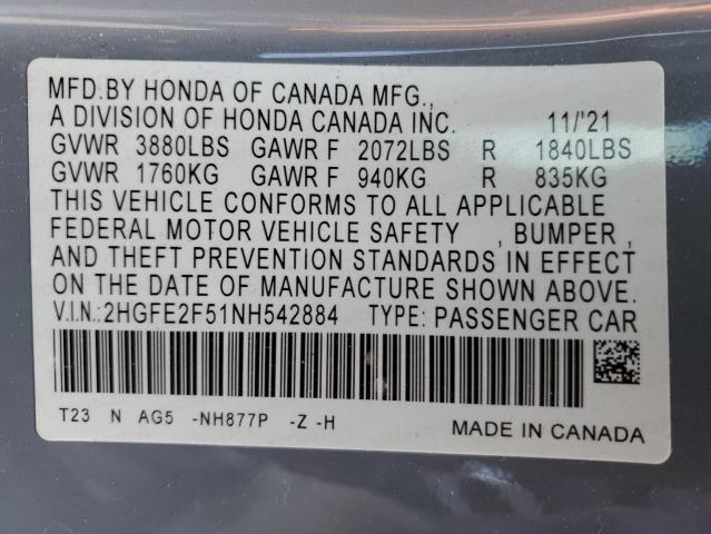 2022 HONDA CIVIC SPOR - 2HGFE2F51NH542884