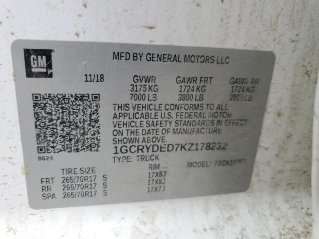 2019 CHEVROLET SILVERADO - 1GCRYDED7KZ178232