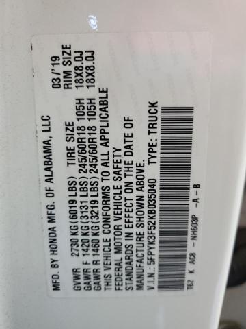 2019 HONDA RIDGELINE 5FPYK3F52KB035040