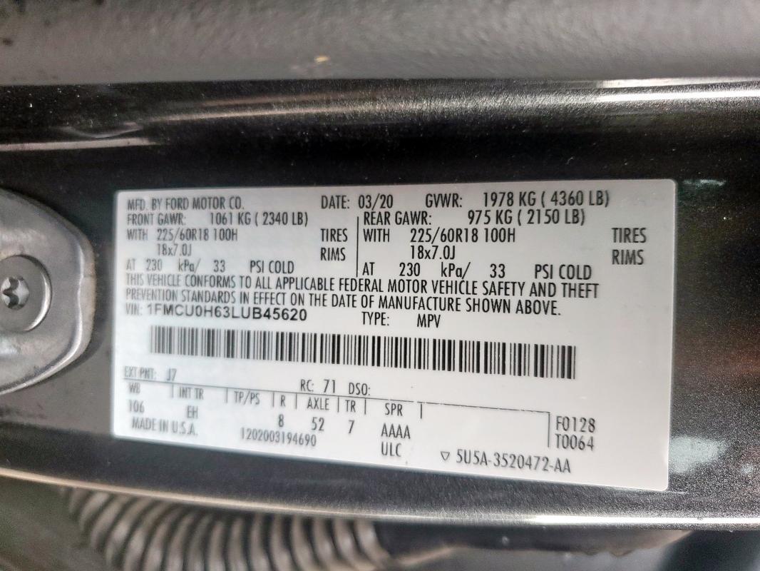 2020 FORD ESCAPE SEL 1FMCU0H63LUB45620