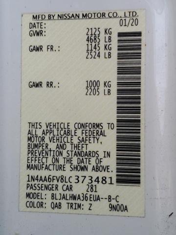 2020 NISSAN MAXIMA PLA 1N4AA6FV8LC373481