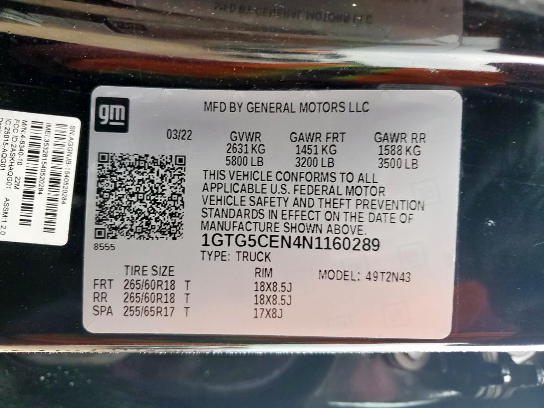 2022 GMC CANYON ELE 1GTG5CEN4N1160289