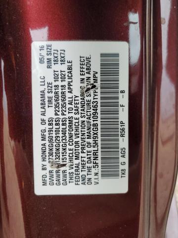 2016 HONDA ODYSSEY TO 5FNRL5H9XGB109463