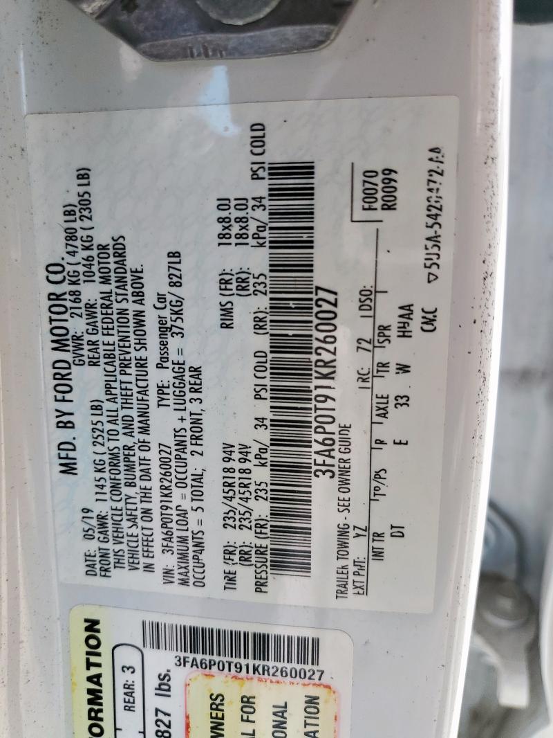 2019 FORD FUSION SE - 3FA6P0T91KR260027