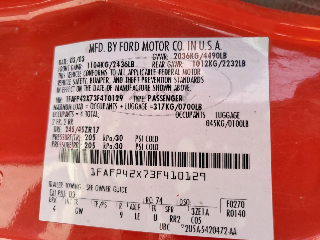 Lot #3301618634 2003 FORD MUSTANG GT