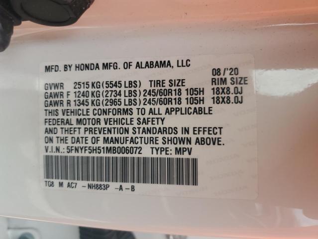 2021 HONDA PILOT EXL - 5FNYF5H51MB006072