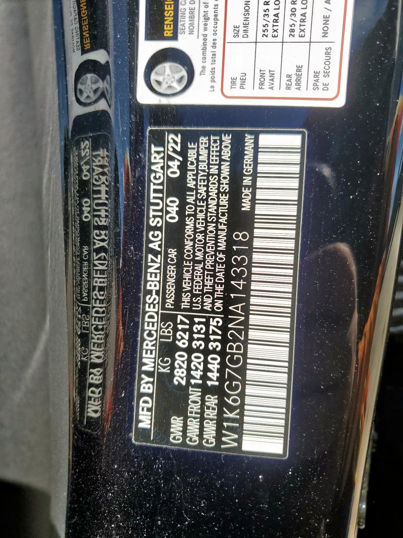 2022 MERCEDES-BENZ S 580 4MAT W1K6G7GB2NA143318