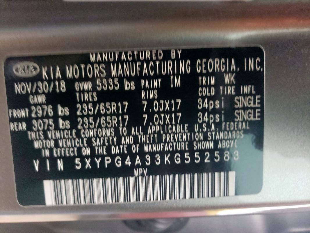 2019 KIA SORENTO L - 5XYPG4A33KG552583