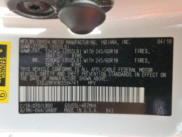 2019 TOYOTA HIGHLANDER 5TDJZRFH1KS594741