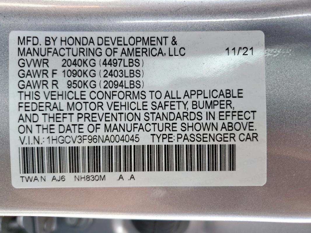 2022 HONDA ACCORD TOU - 1HGCV3F96NA004045