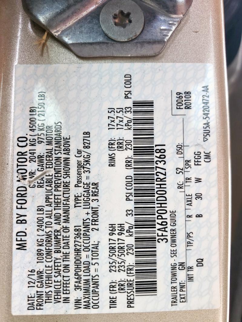 2017 FORD FUSION SE - 3FA6P0HD0HR273681