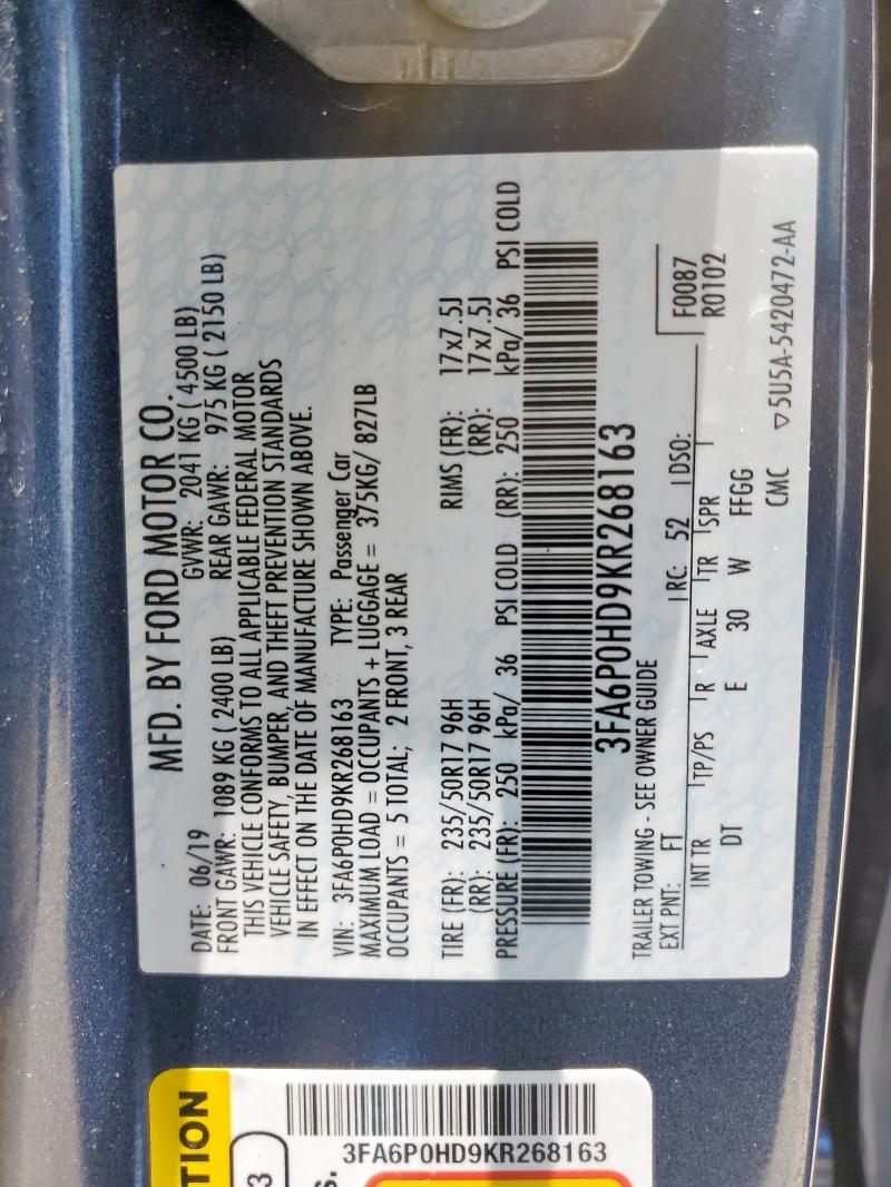 2019 FORD FUSION SE - 3FA6P0HD9KR268163