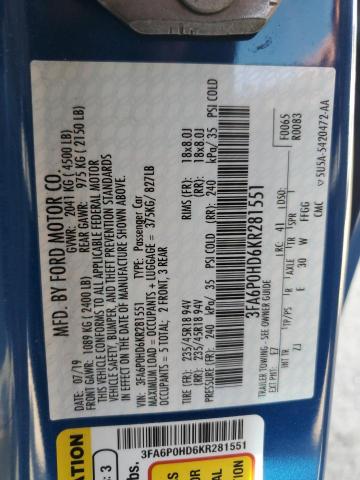 2019 FORD FUSION SE - 3FA6P0HD6KR281551