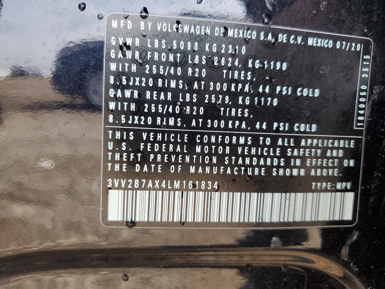 Lot #3318879931 2020 VOLKSWAGEN TIGUAN SE