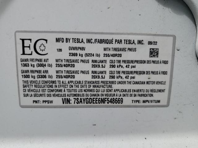2022 TESLA MODEL Y 7SAYGDEE6NF548669