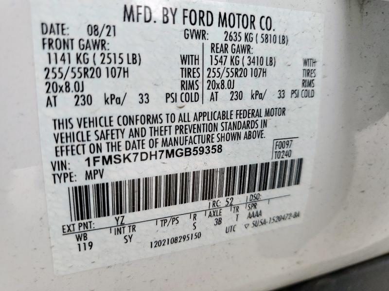 2021 FORD EXPLORER X 1FMSK7DH7MGB59358