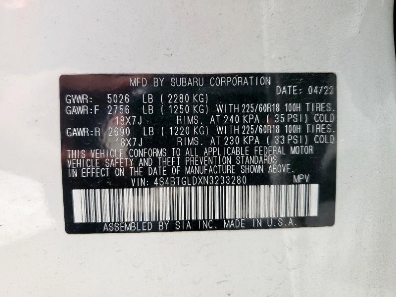 2022 SUBARU OUTBACK ON 4S4BTGLDXN3233280