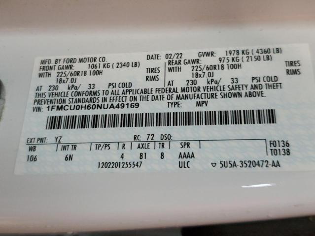 2022 FORD ESCAPE SEL 1FMCU0H60NUA49169