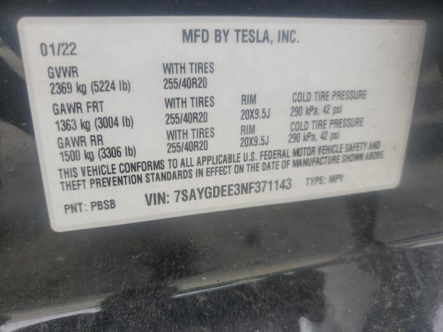 2022 TESLA MODEL Y 7SAYGDEE3NF371143