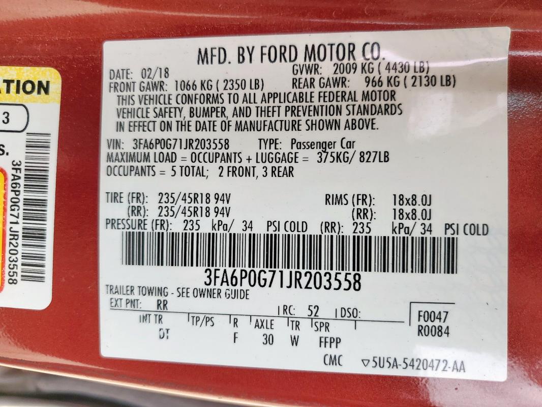 2018 FORD FUSION S 3FA6P0G71JR203558