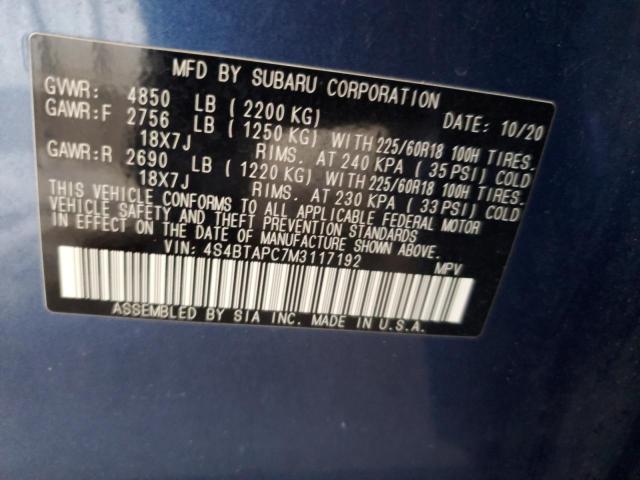 2021 SUBARU OUTBACK TO 4S4BTAPC7M3117192