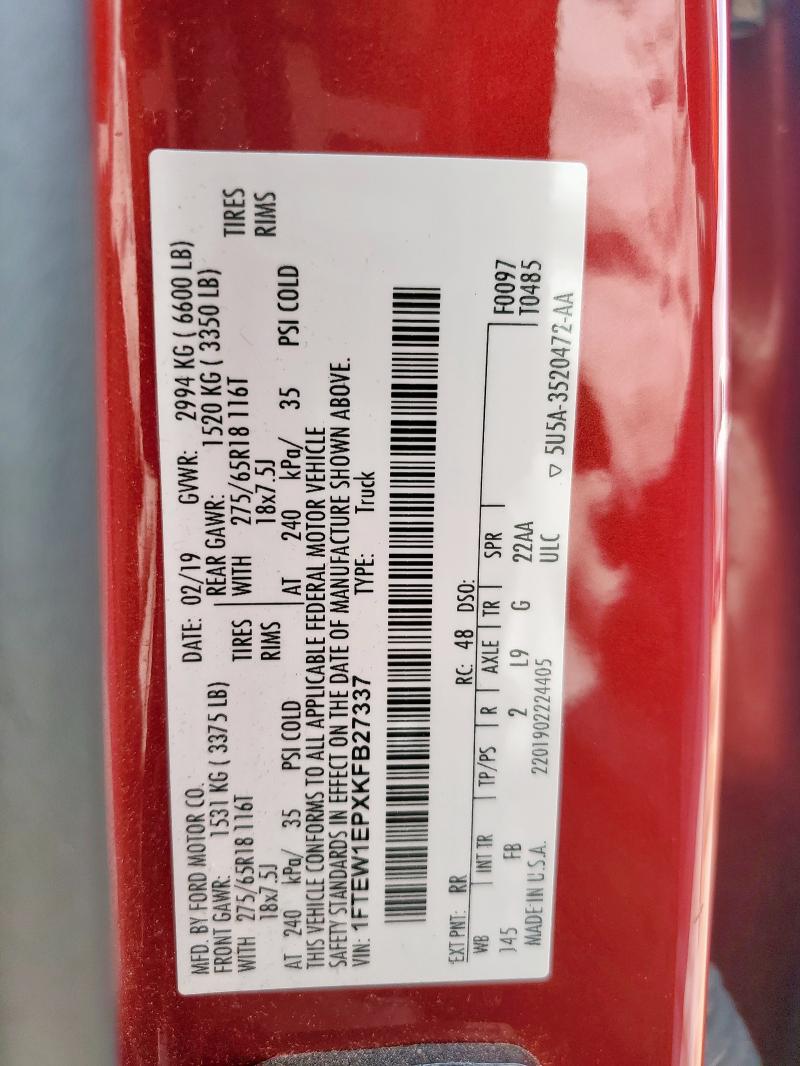 2019 FORD F150 SUPER 1FTEW1EPXKFB27337