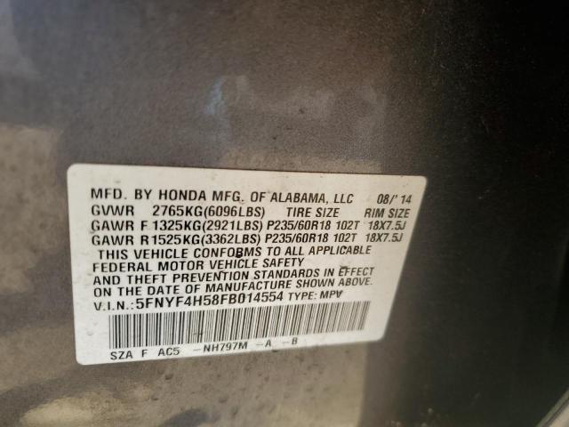 2015 HONDA PILOT EXL - 5FNYF4H58FB014554