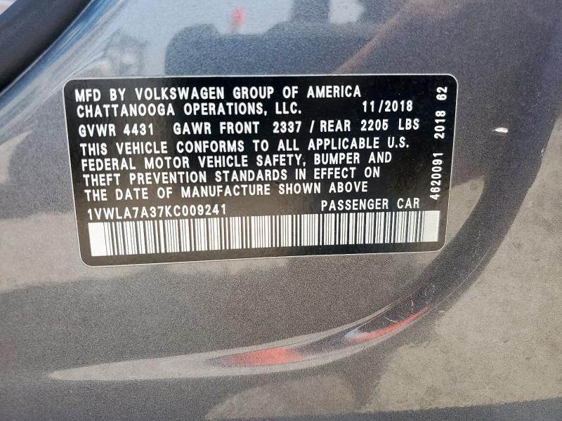 2019 VOLKSWAGEN PASSAT WOL 1VWLA7A37KC009241