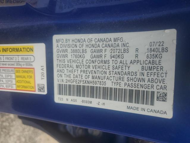 2022 HONDA CIVIC SPOR 2HGFE2F5XNH597835