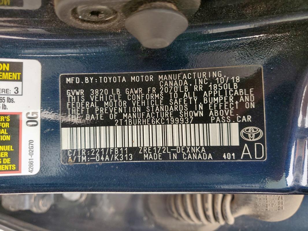 2019 TOYOTA COROLLA L - 2T1BURHE6KC199937