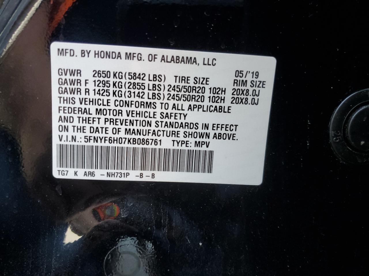 5FNYF6H07KB086761 HONDA PILOT 2019